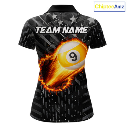 Black US Flag 9 Ball Fire Billiard Shirt For Women Custom Billiard Team Jersey Polo & 1/4 Zip TDM6123