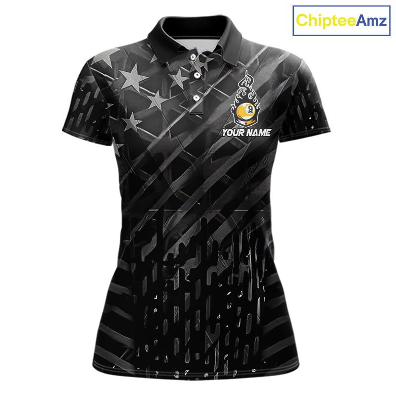 Black US Flag 9 Ball Fire Billiard Shirt For Women Custom Billiard Team Jersey Polo & 1/4 Zip TDM6123