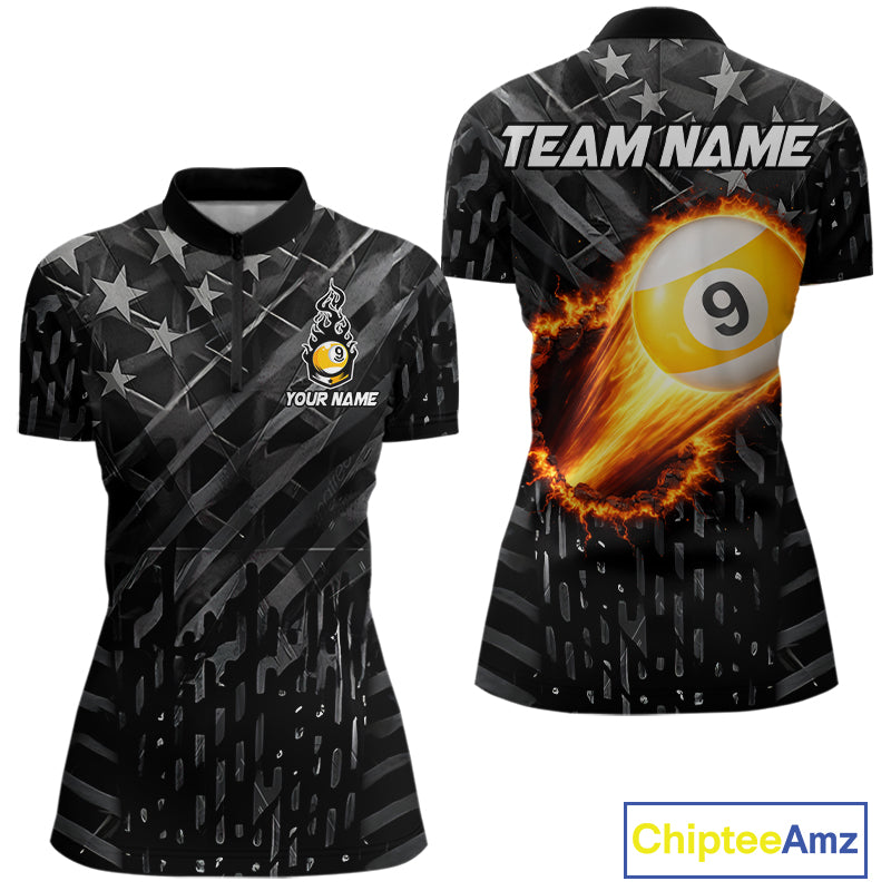 Black US Flag 9 Ball Fire Billiard Shirt For Women Custom Billiard Team Jersey Polo & 1/4 Zip TDM6123