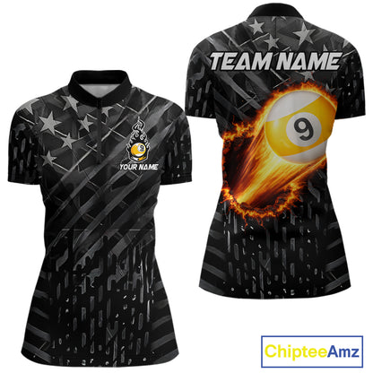 Black US Flag 9 Ball Fire Billiard Shirt For Women Custom Billiard Team Jersey Polo & 1/4 Zip TDM6123