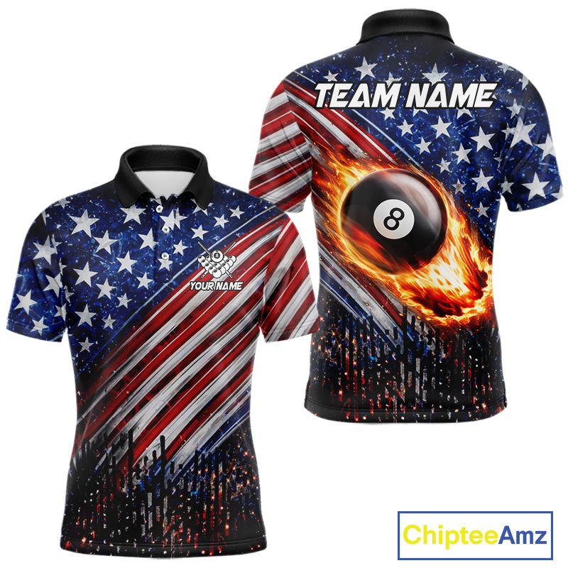 American Flag Fire 8 Ball Pool Billiard Shirt For Men Custom Billiard Team Jersey Polo & 1/4 Zip TDM6124