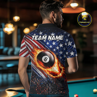 American Flag Fire 8 Ball Pool Billiard Shirt For Men Custom Billiard Team Jersey Polo & 1/4 Zip TDM6124