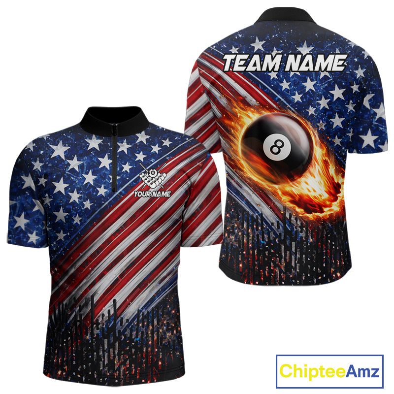 American Flag Fire 8 Ball Pool Billiard Shirt For Men Custom Billiard Team Jersey Polo & 1/4 Zip TDM6124