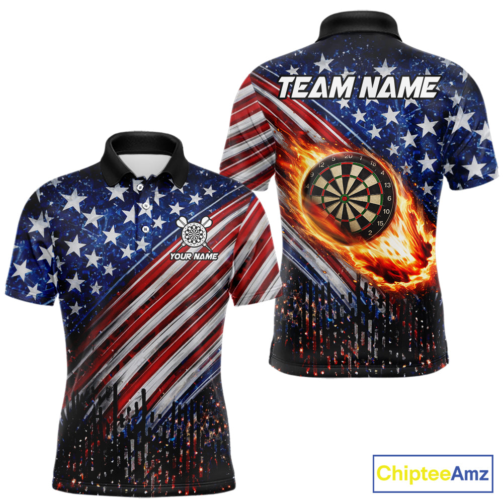 American Flag Fire Flame Darts Shirt For Men Custom Patriotic Darts Jersey Team Polo & 1/4 Zip TDM6125