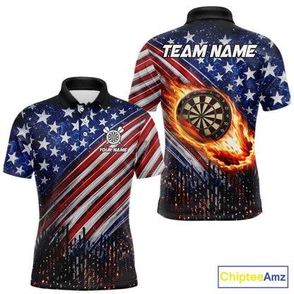 American Flag Fire Flame Darts Shirt For Men Custom Patriotic Darts Jersey Team Polo & 1/4 Zip TDM6125