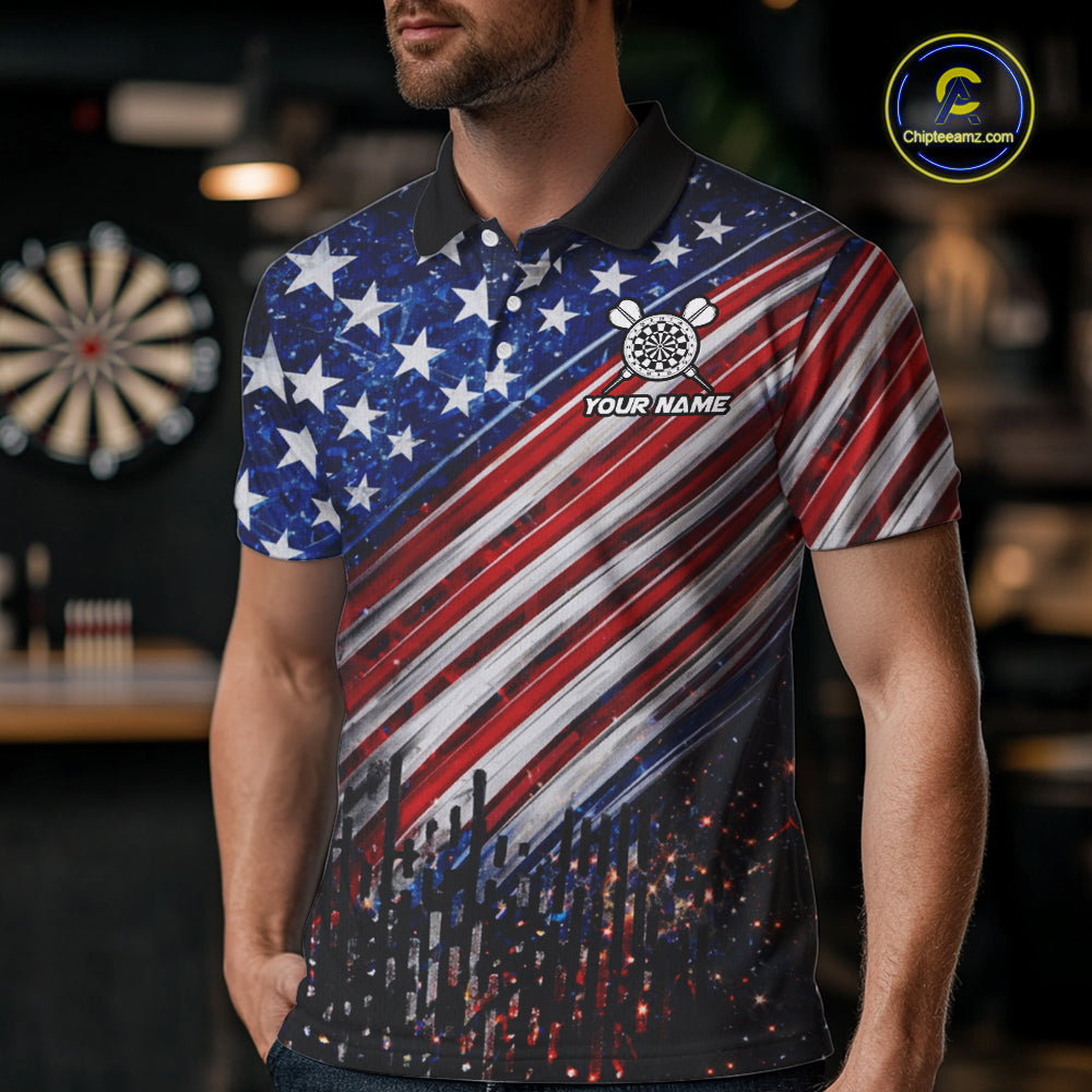American Flag Fire Flame Darts Shirt For Men Custom Patriotic Darts Jersey Team Polo & 1/4 Zip TDM6125