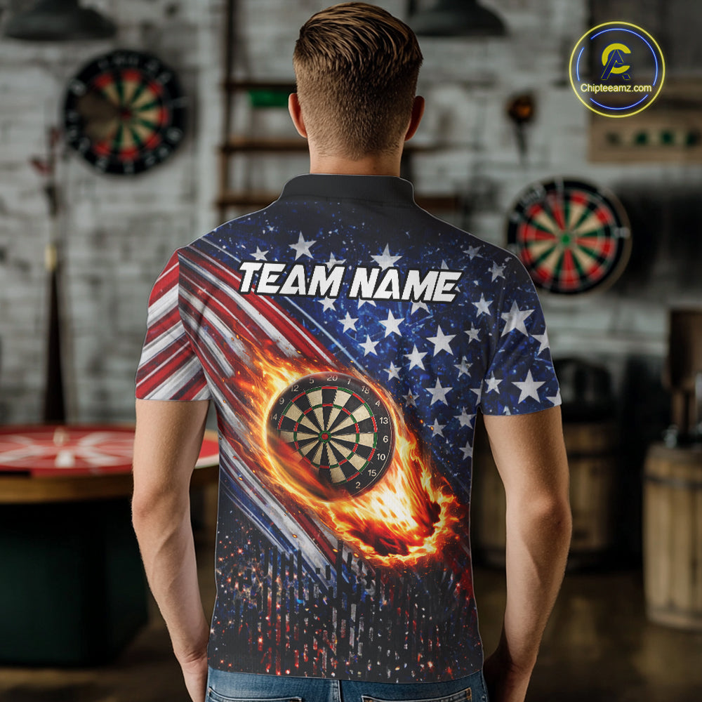 American Flag Fire Flame Darts Shirt For Men Custom Patriotic Darts Jersey Team Polo & 1/4 Zip TDM6125