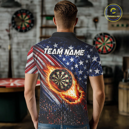 American Flag Fire Flame Darts Shirt For Men Custom Patriotic Darts Jersey Team Polo & 1/4 Zip TDM6125