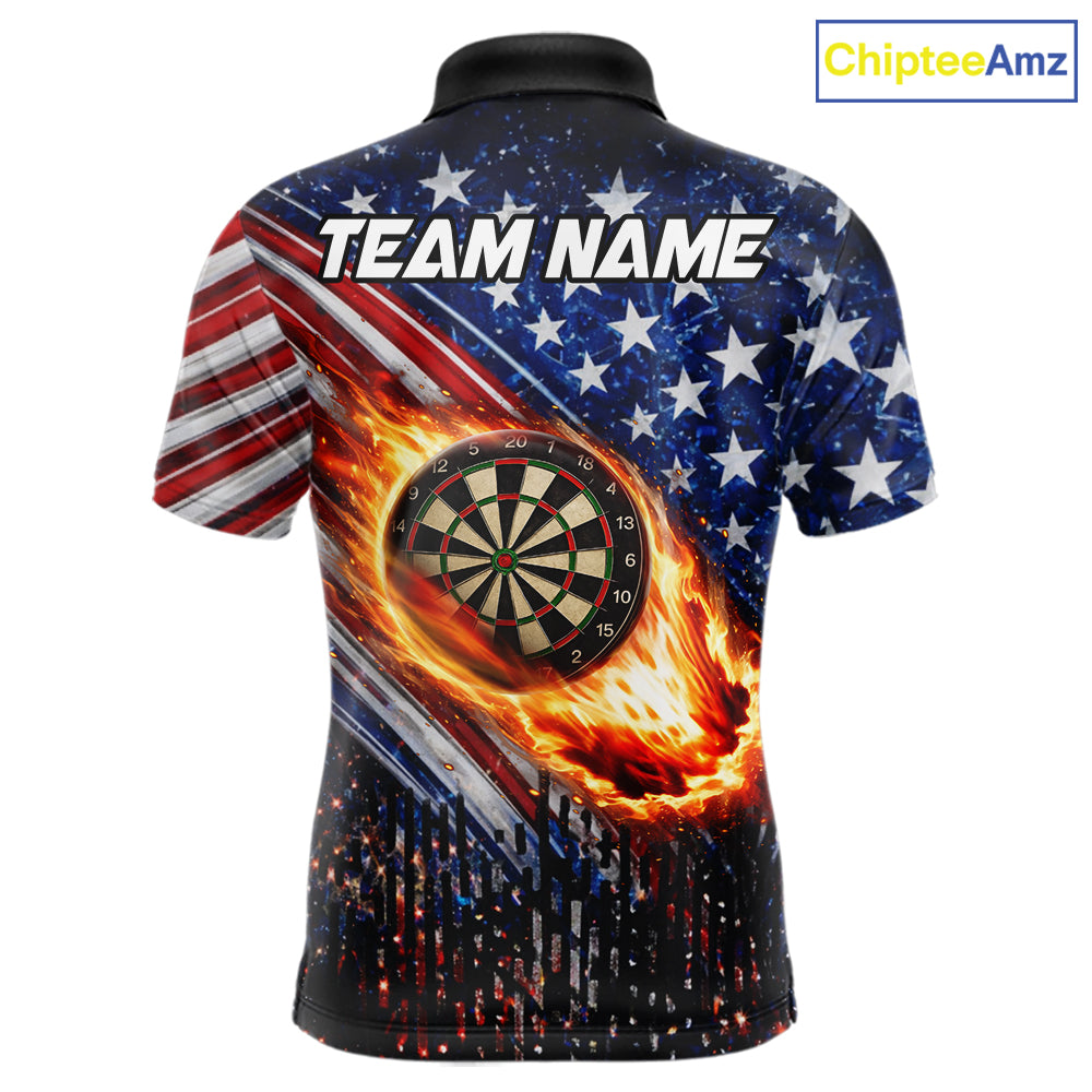 American Flag Fire Flame Darts Shirt For Men Custom Patriotic Darts Jersey Team Polo & 1/4 Zip TDM6125