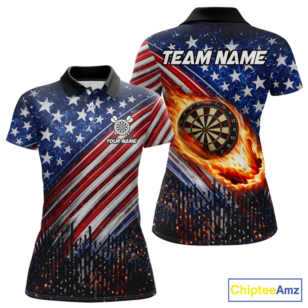 American Flag Fire Flame Darts Shirt For Women Custom Patriotic Darts Jersey Team Polo & 1/4 Zip TDM6125