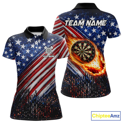 American Flag Fire Flame Darts Shirt For Women Custom Patriotic Darts Jersey Team Polo & 1/4 Zip TDM6125
