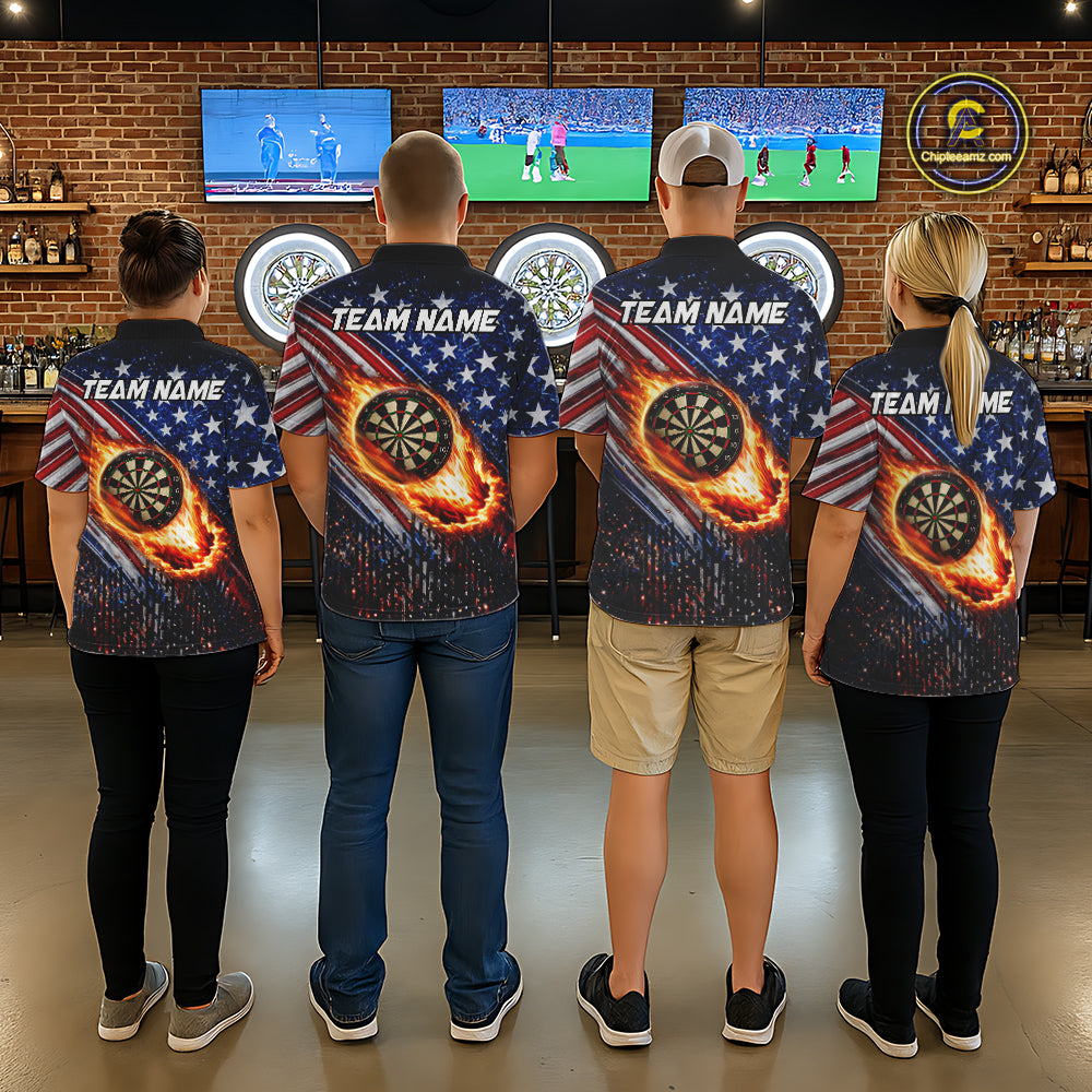 American Flag Fire Flame Darts Shirt For Women Custom Patriotic Darts Jersey Team Polo & 1/4 Zip TDM6125