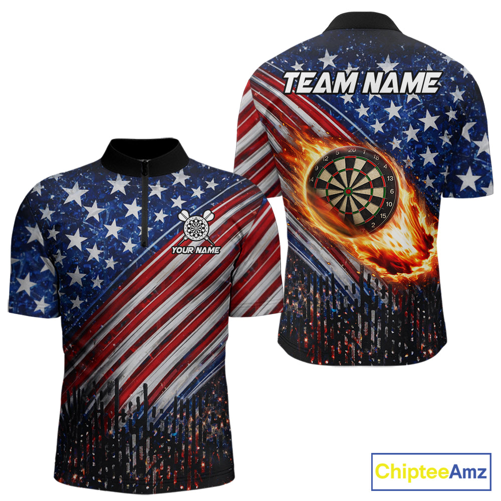American Flag Fire Flame Darts Shirt For Men Custom Patriotic Darts Jersey Team Polo & 1/4 Zip TDM6125