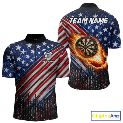 American Flag Fire Flame Darts Shirt For Men Custom Patriotic Darts Jersey Team Polo & 1/4 Zip TDM6125