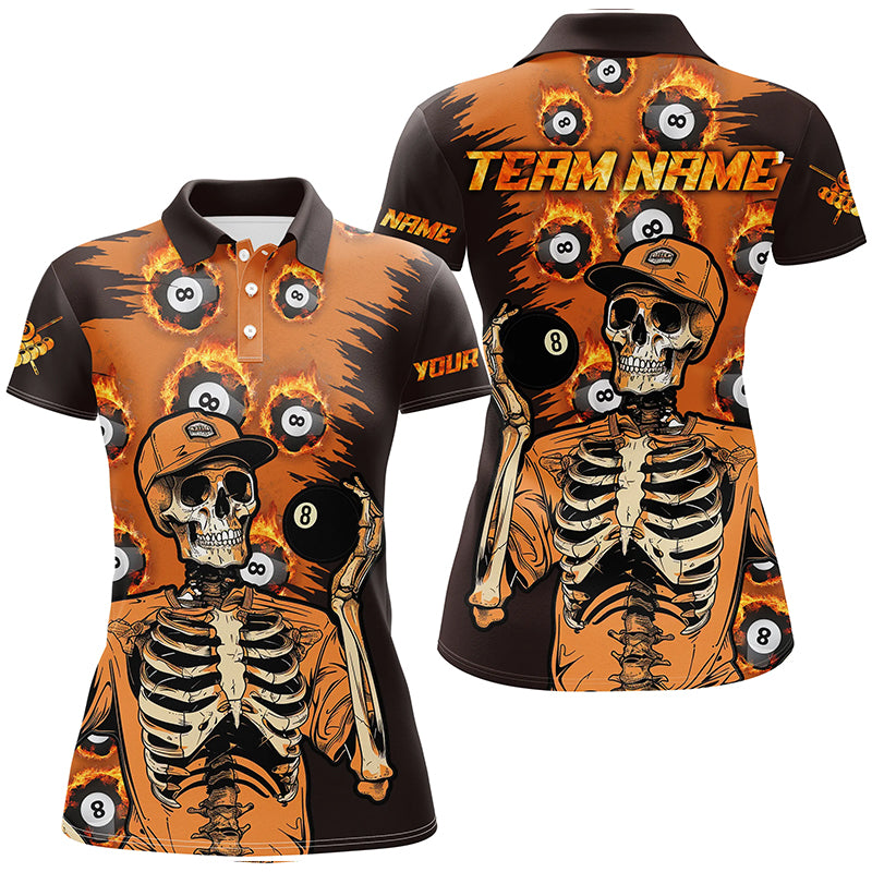 Personalized Orange Funny Skeleton With 8 Ball Pool Women Billiard Shirts, 8 Ball Fire Pool Jerseys TDM1637