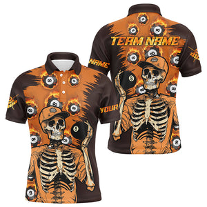 Personalized Orange Funny Skeleton With 8 Ball Pool Men Billiard Shirts, 8 Ball Fire Pool Jerseys TDM1637