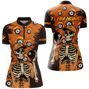 Personalized Orange Funny Skeleton With 8 Ball Pool Women Billiard Shirts, 8 Ball Fire Pool Jerseys TDM1637