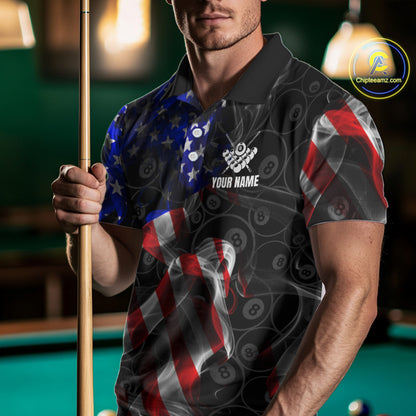 American Flag Smoke 8 Ball Billiard Shirts For Men Custom Patriotic Billiard Pool Team Jerseys TDM4028