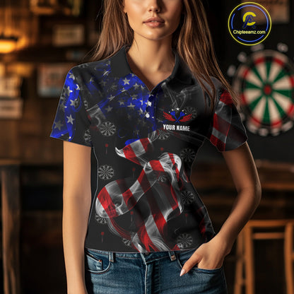 Custom Women's Dart Shirt With Pocket Option, US Flag Smoke Darts Team Jersey TDM4029