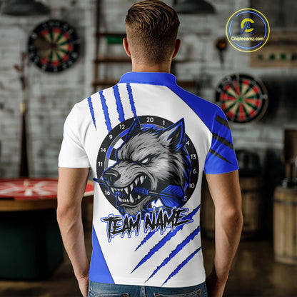 Blue And White Custom Claw Wolf Dart Shirts For Men, Dart Team Shirt Polo & 1/4 Zip, Dart Jerseys TDM4032