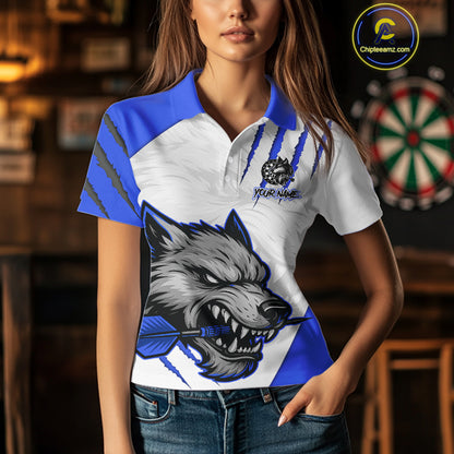 Blue And White Custom Claw Wolf Dart Shirts For Women, Dart Team Shirt Polo & 1/4 Zip, Dart Jerseys TDM4032