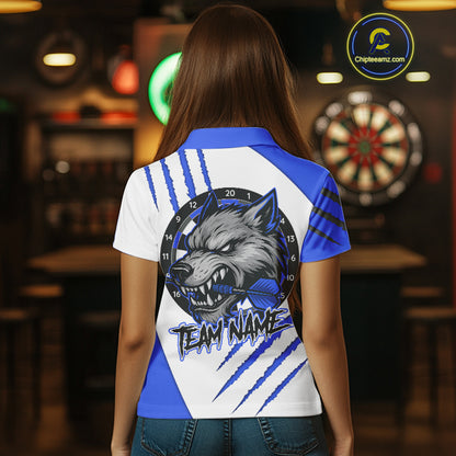 Blue And White Custom Claw Wolf Dart Shirts For Women, Dart Team Shirt Polo & 1/4 Zip, Dart Jerseys TDM4032