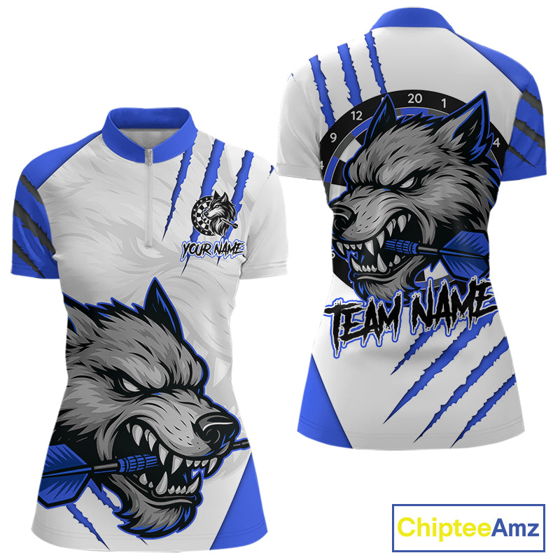 Blue And White Custom Claw Wolf Dart Shirts For Women, Dart Team Shirt Polo & 1/4 Zip, Dart Jerseys TDM4032