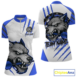Blue And White Custom Claw Wolf Dart Shirts For Women, Dart Team Shirt Polo & 1/4 Zip, Dart Jerseys TDM4032
