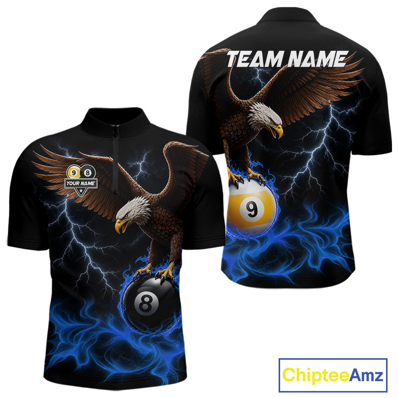 Blue Flaming Eagle 8 Ball & 9 Ball Billiard Shirts For Men Custom Pool Team Jersey Polo & 1/4 Zip TDM6561