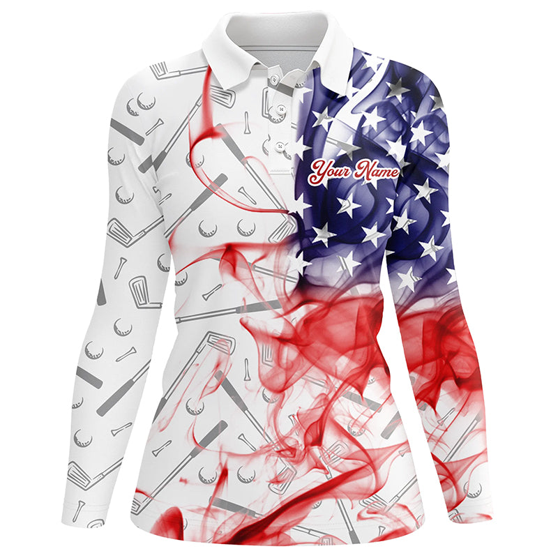 Personalized American Flag Smoke Womens Golf Polo Shirts Patriotic Golf Shirts For Ladies, Golf Gifts TDM1850