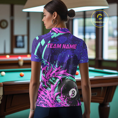 Personalized 8 Ball Billiard Shirt For Women | Neon Purple, Pink & Teal Paint Funny Pool Team Jersey TDM4232