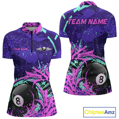 Personalized 8 Ball Billiard Shirt For Women | Neon Purple, Pink & Teal Paint Funny Pool Team Jersey TDM4232