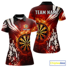Load image into Gallery viewer, Red fire dartboard darts polo shirt for women with custom darts team graphics.