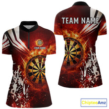 Load image into Gallery viewer, Red fire dartboard darts quarter zip shirt for women designed for league tournaments and team events.
