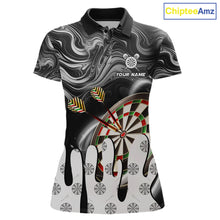 Load image into Gallery viewer, Black marble swirl darts polo shirt for women with custom darts team graphics.