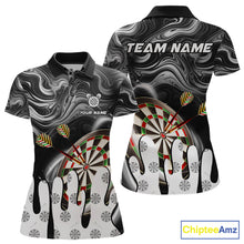 Load image into Gallery viewer, Black marble swirl darts polo shirt for women with custom darts team graphics.