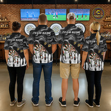 Load image into Gallery viewer, Back view of darts players wearing matching black marble swirl darts shirts.