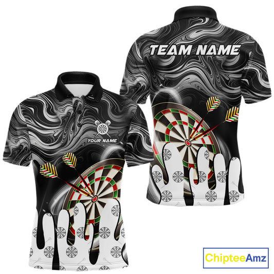 Black marble swirl darts polo shirt for men with custom darts team graphics.