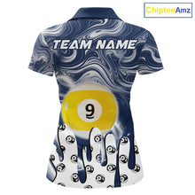 Load image into Gallery viewer, Blue marble swirl 8 ball and 9 ball billiard polo shirt for women with custom pool team graphics.