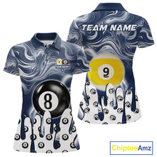 Load image into Gallery viewer, Blue marble swirl 8 ball and 9 ball billiard polo shirt for women with custom pool team graphics.
