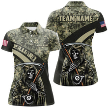 Load image into Gallery viewer, Personalized Death Skeleton Green Camo Billiard Shirts For Women Custom Military Billiard Jerseys TDM2062