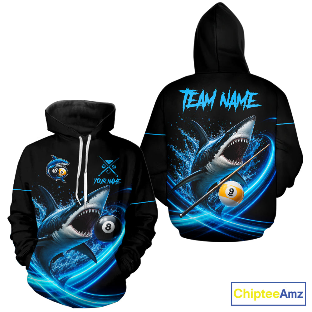 Black And Blue 8 Ball & 9 Ball Shark Billiard Hoodie Custom Pool Team Jersey For Men And Women TDM7300