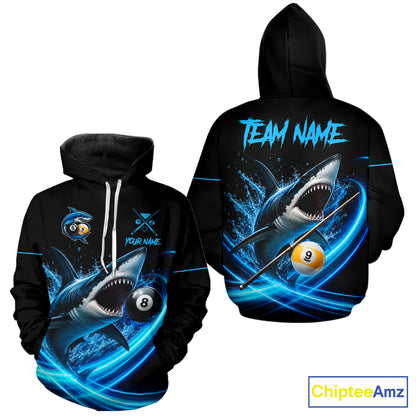 Black And Blue 8 Ball & 9 Ball Shark Billiard Hoodie Custom Pool Team Jersey For Men And Women TDM7300