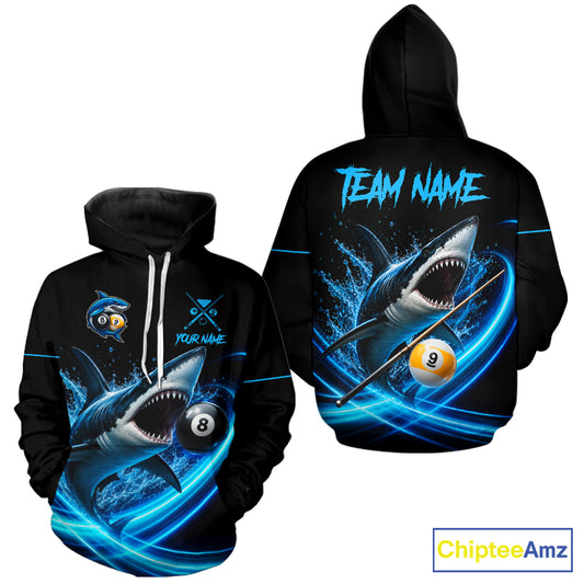 Black And Blue 8 Ball & 9 Ball Shark Billiard Hoodie Custom Pool Team Shirt For Men And Women TDM7300