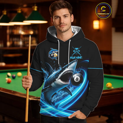 Black And Blue 8 Ball & 9 Ball Shark Billiard Hoodie Custom Pool Team Jersey For Men And Women TDM7300