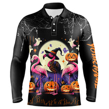 Load image into Gallery viewer, Funny Mens Golf Polo Shirts Custom Name Black Halloween Pattern Flamingo Golf Friend Outfits TDM2541