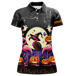 Funny Womens Golf Polo Shirts Custom Name Black Halloween Pattern Flamingo Golf Friend Outfits TDM2541