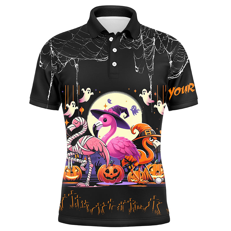 Funny Mens Golf Polo Shirts Black Halloween Pattern Custom Name Flamingo Golf Friend Outfits TDM2542