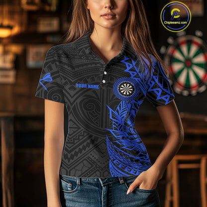 Personalized Black And Blue Tribal Darts Polo & Quarter Zip Custom Dart Shirts For Women Dart Jersey TDM4826