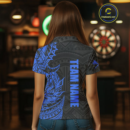 Personalized Black And Blue Tribal Darts Polo & Quarter Zip Custom Dart Shirts For Women Dart Jersey TDM4826